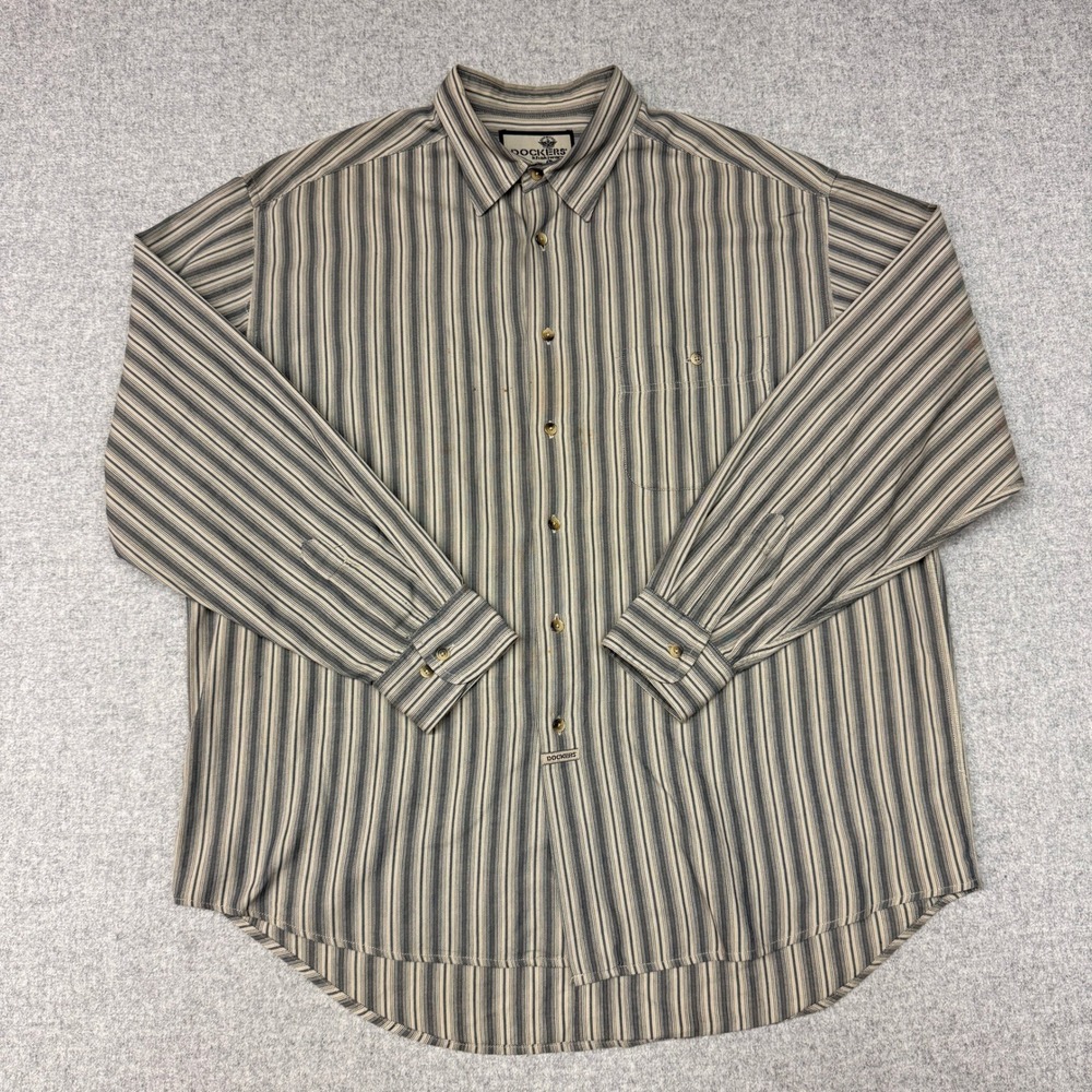 Dockers Khakiware Shirt Large L Grey Tan Striped Long Sleeve Cotton Button Down